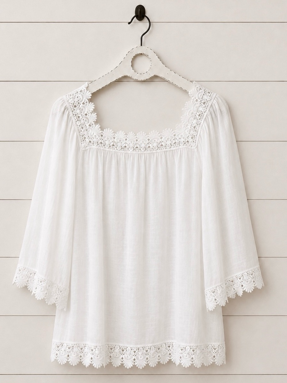 Boho Square-Neck White Lace Trim Blouse